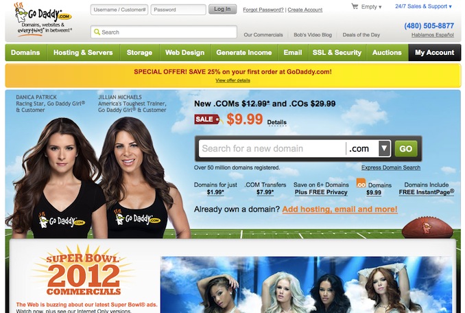 Registering a domain: GoDaddy Homepage