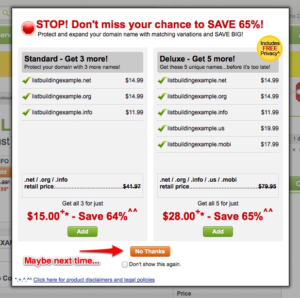 godaddy no thanks  and don't show again