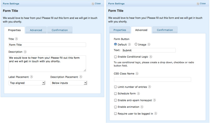 gravity forms form settings