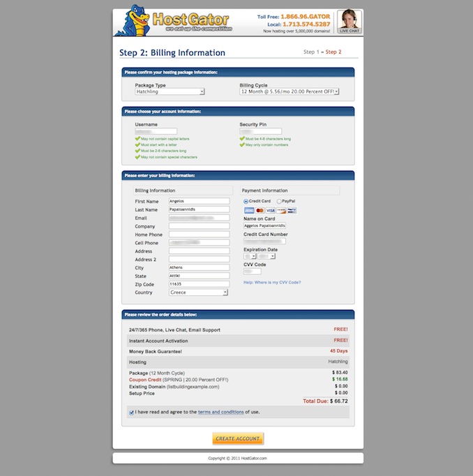 hostgator account info