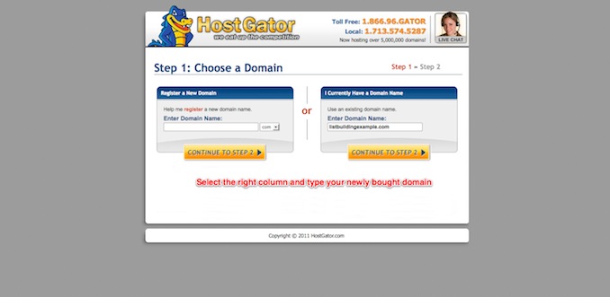 enter your pre-purchased domain in hostgator
