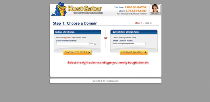 enter your pre-purchased domain in hostgator