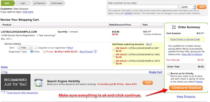 domain order options continue to checkout