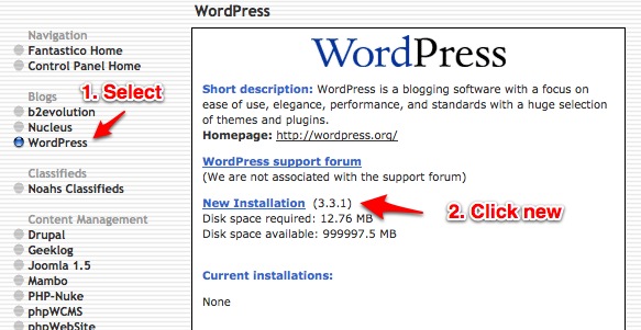 wordpress installation using fantastico